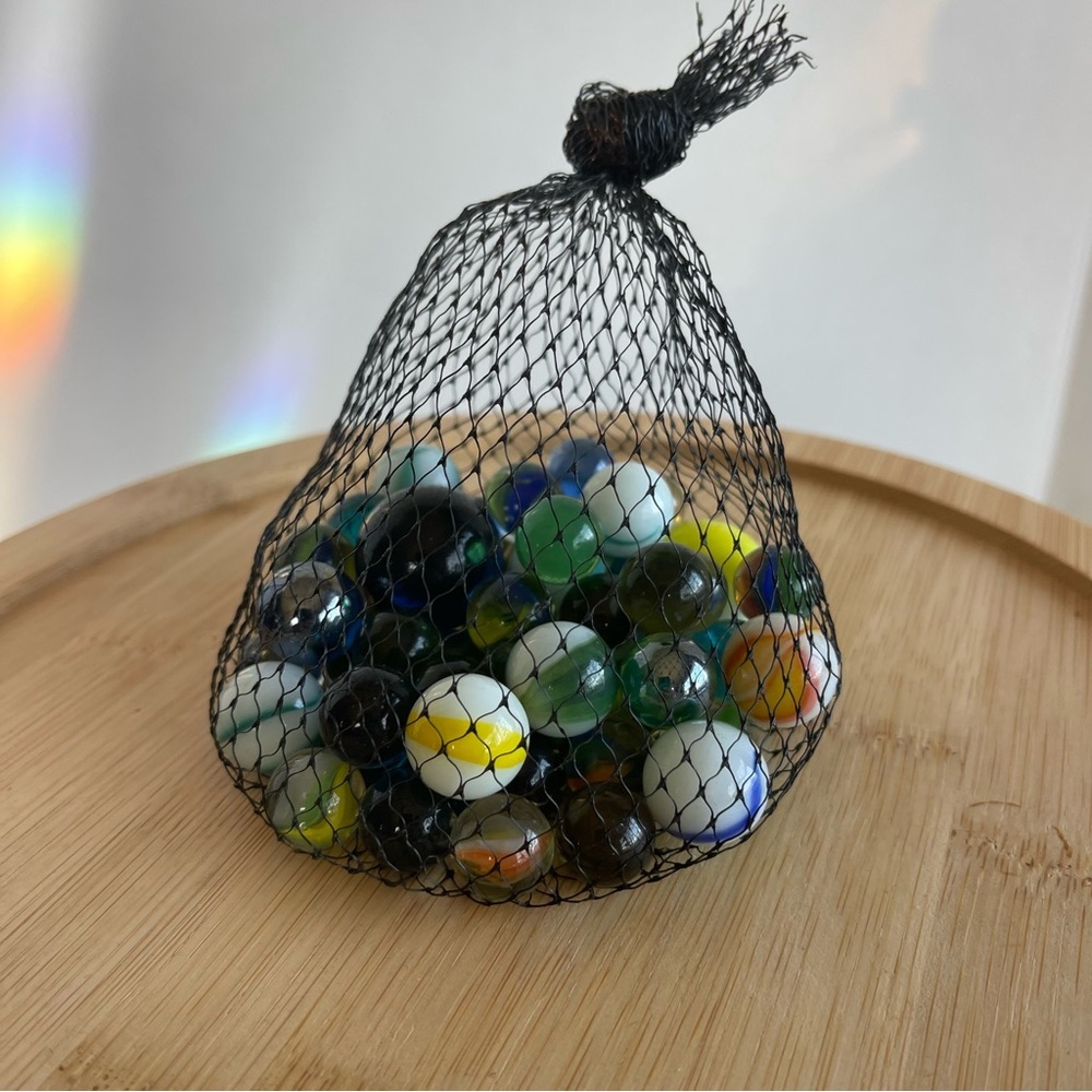 Assorted Glass Marbles in Black Mesh Bag - Multicolor